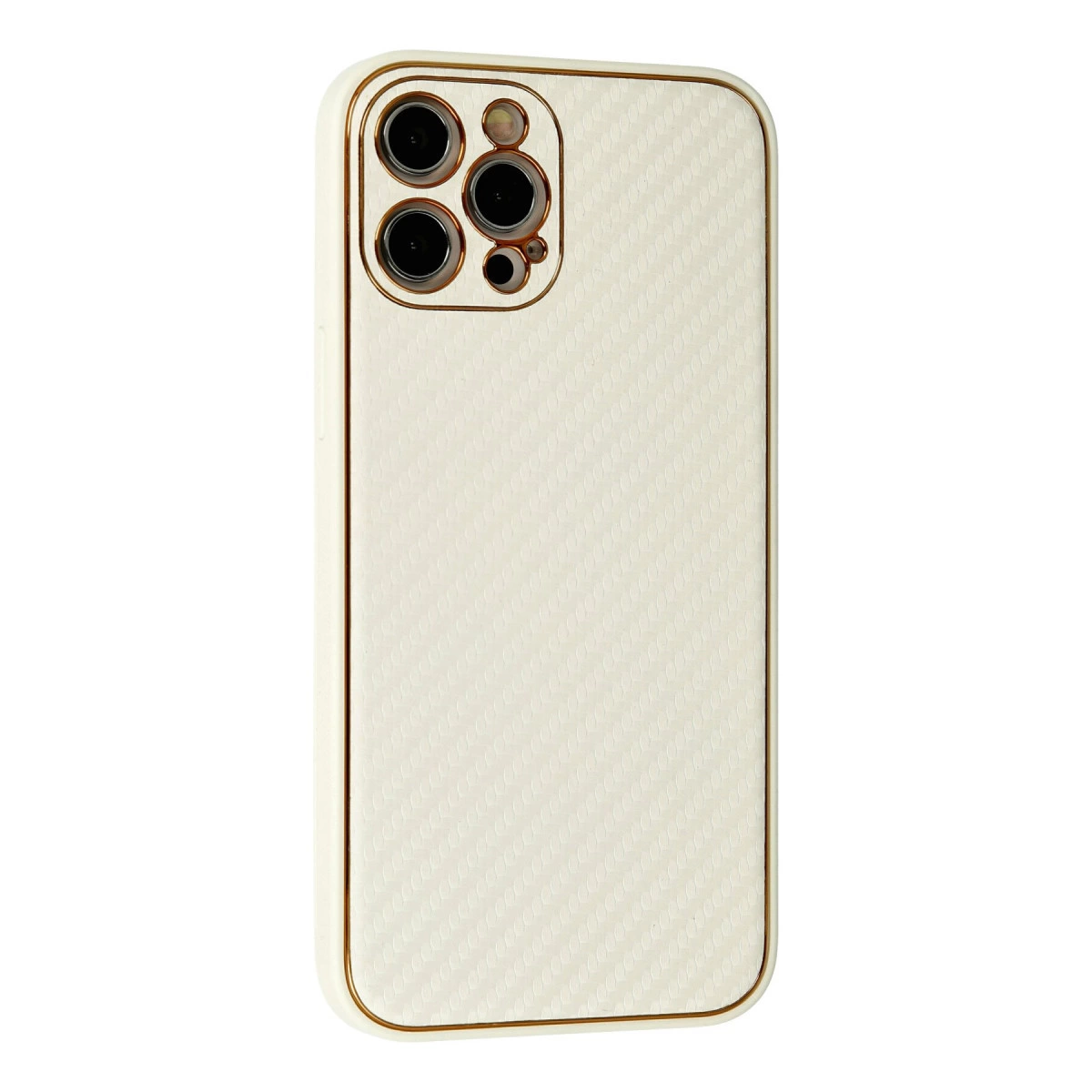 Altın çerçeveli, karbon fiber dokulu beyaz telefon kılıfı.