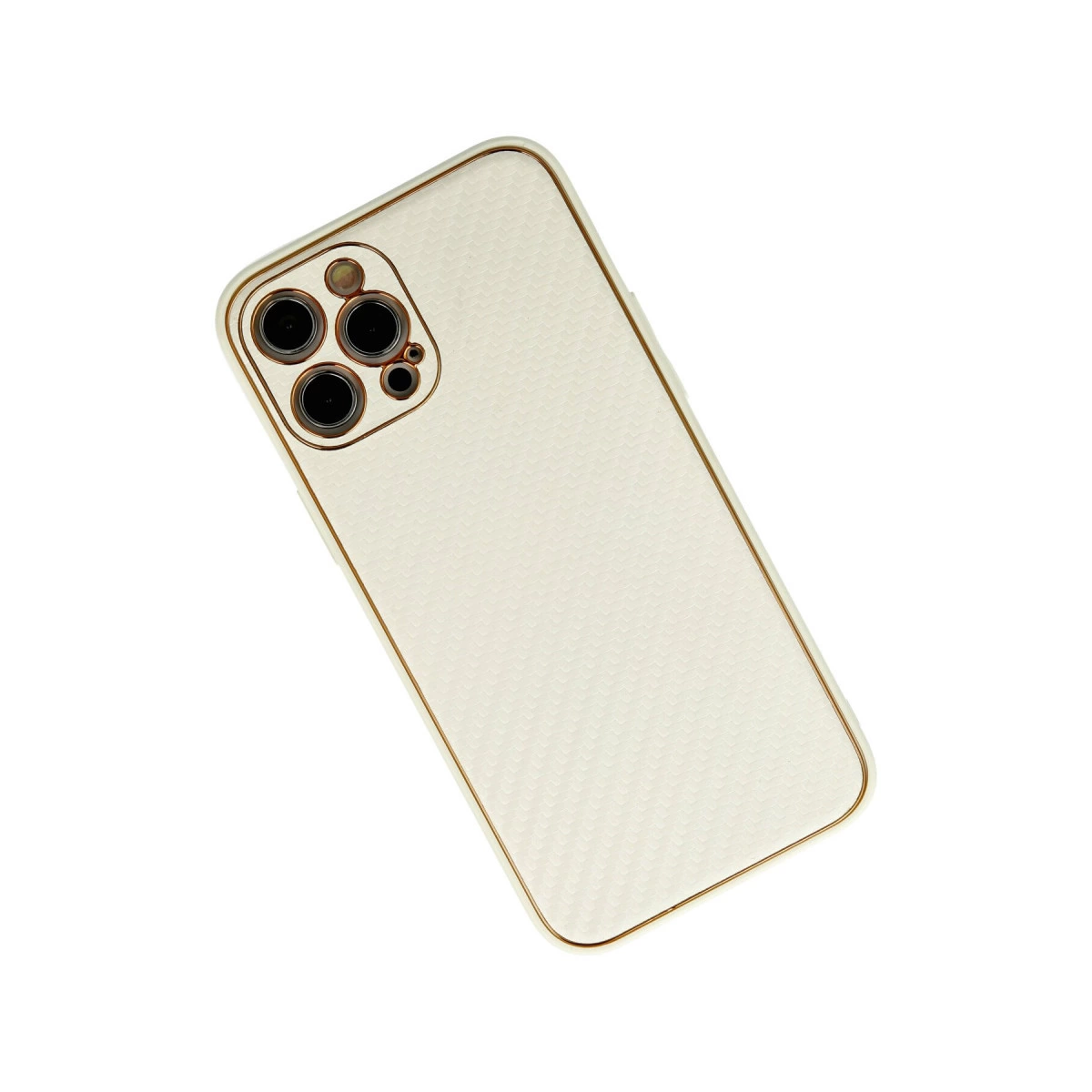 Beyaz bir telefon, kamera lensleri ve altın kenarlıklı, beyaz arka planda.