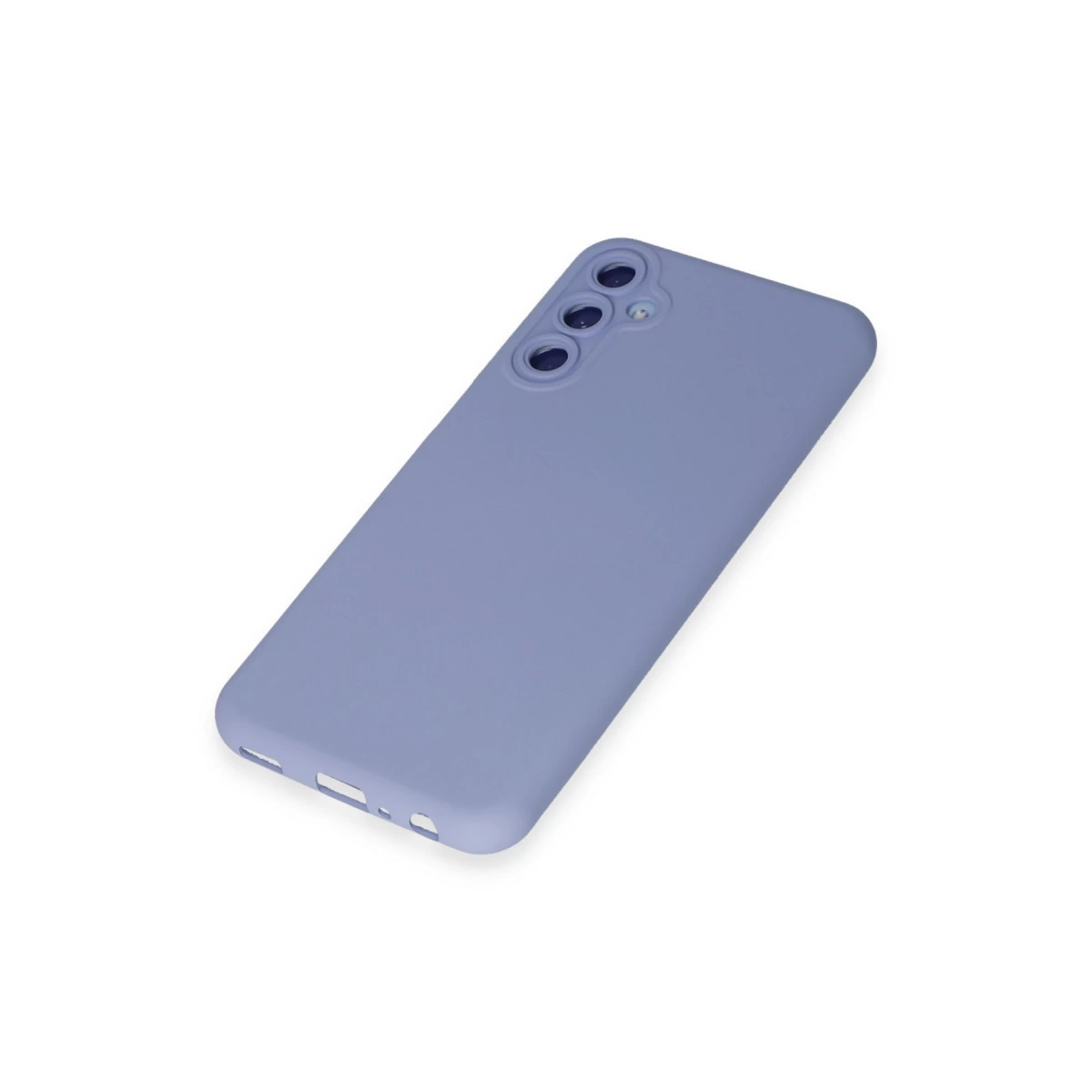 Üç kamera lensli ve şarj portlu mor telefon kılıfı.