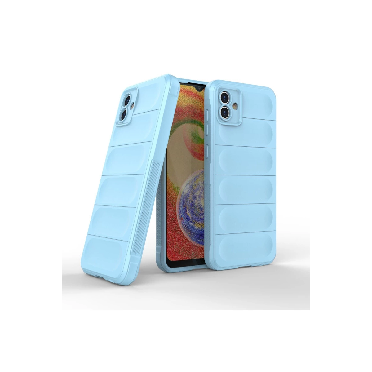 İki açık mavi dolgulu telefon kılıfı, biri akıllı telefonun üzerinde duruyor.
