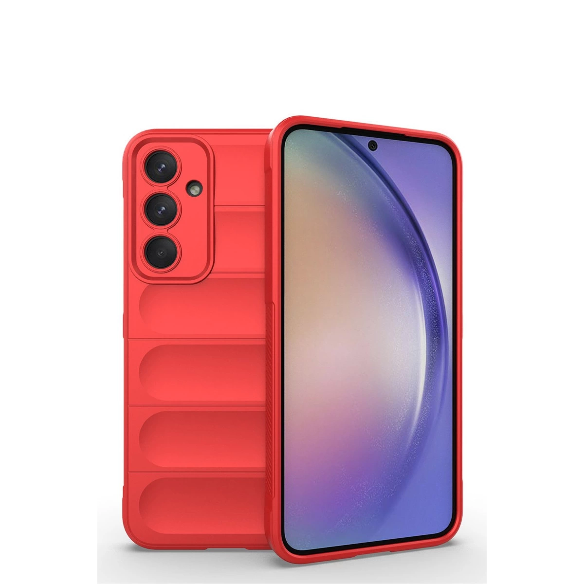 Üç kameralı kırmızı telefon kılıfı, renkli ekranlı bir telefonun yanında.