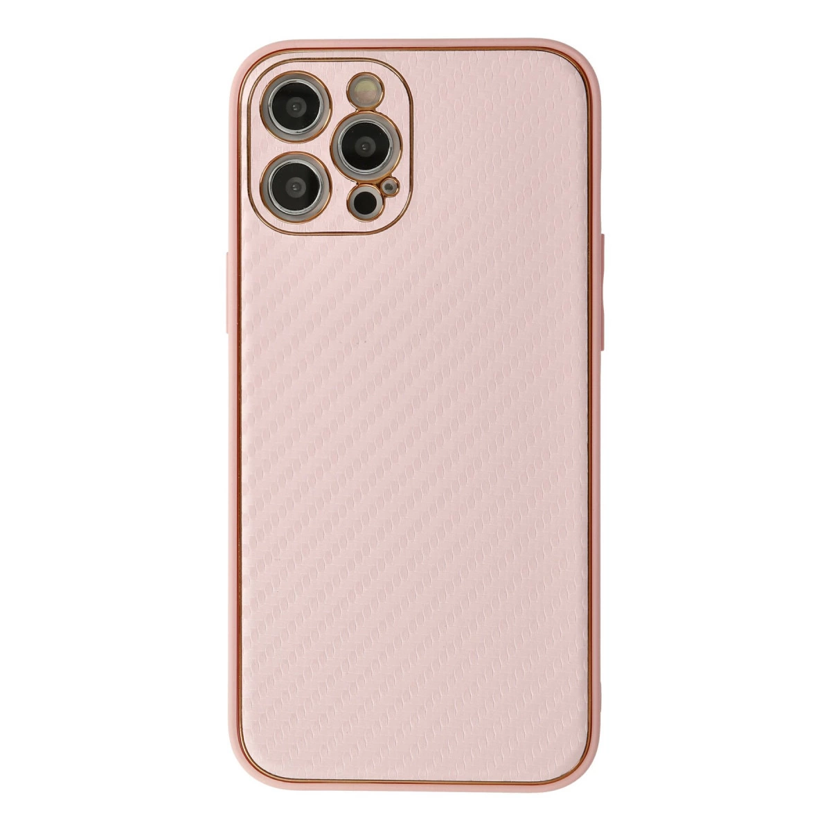 Dört kameralı, dokulu pembe telefon. Beyaz arka plan üzerinde.