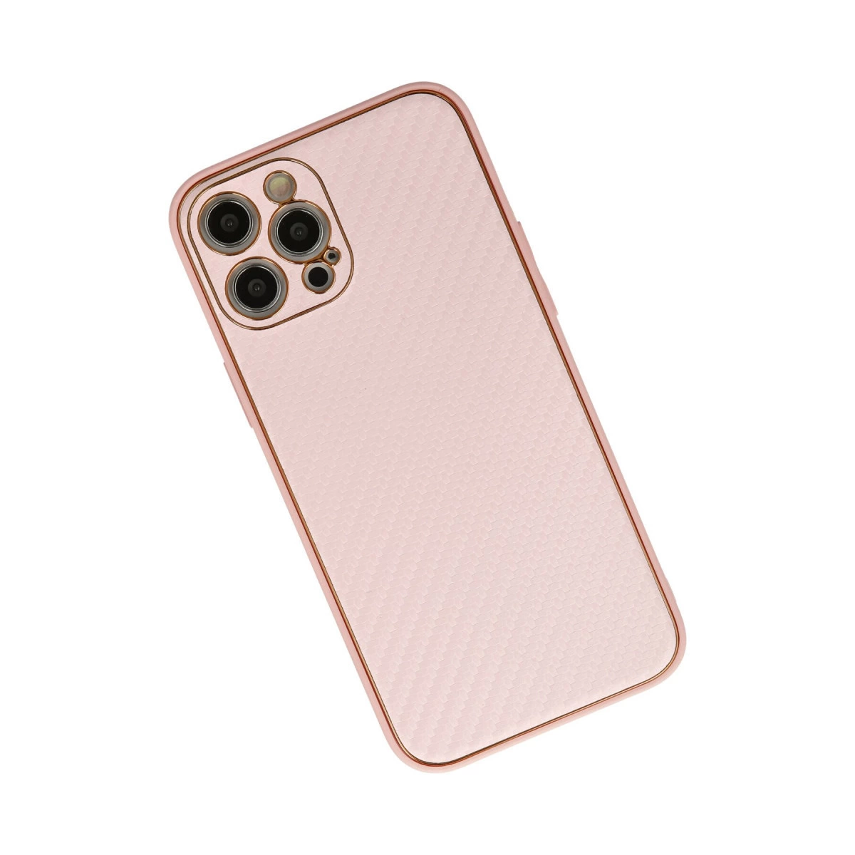 Karbon fiber dokulu pembe telefon kılıfı, beyaz zeminde.