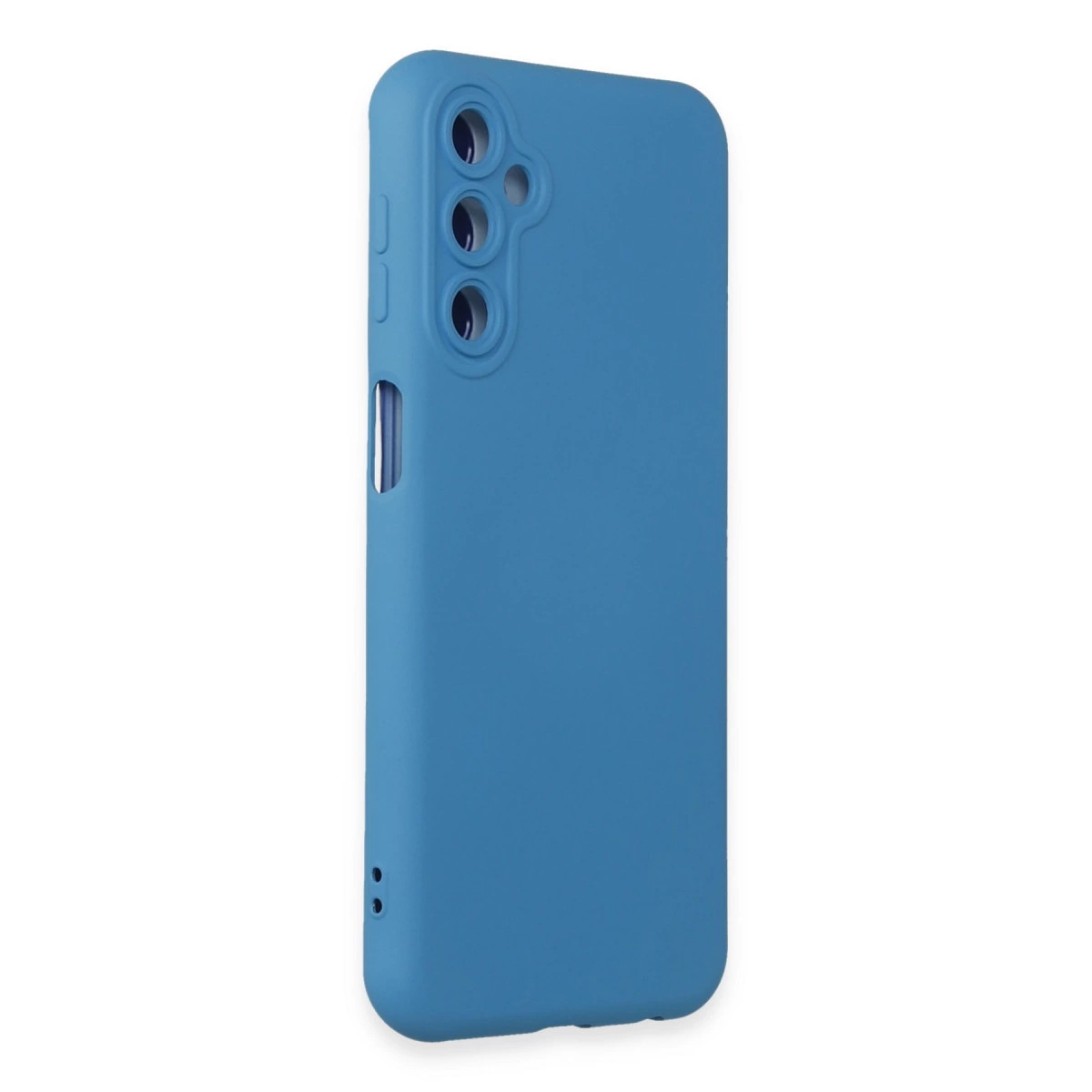 Mavi telefon kılıfı, kamera kesikleri ve düğmeleriyle. Beyaz arka plan.