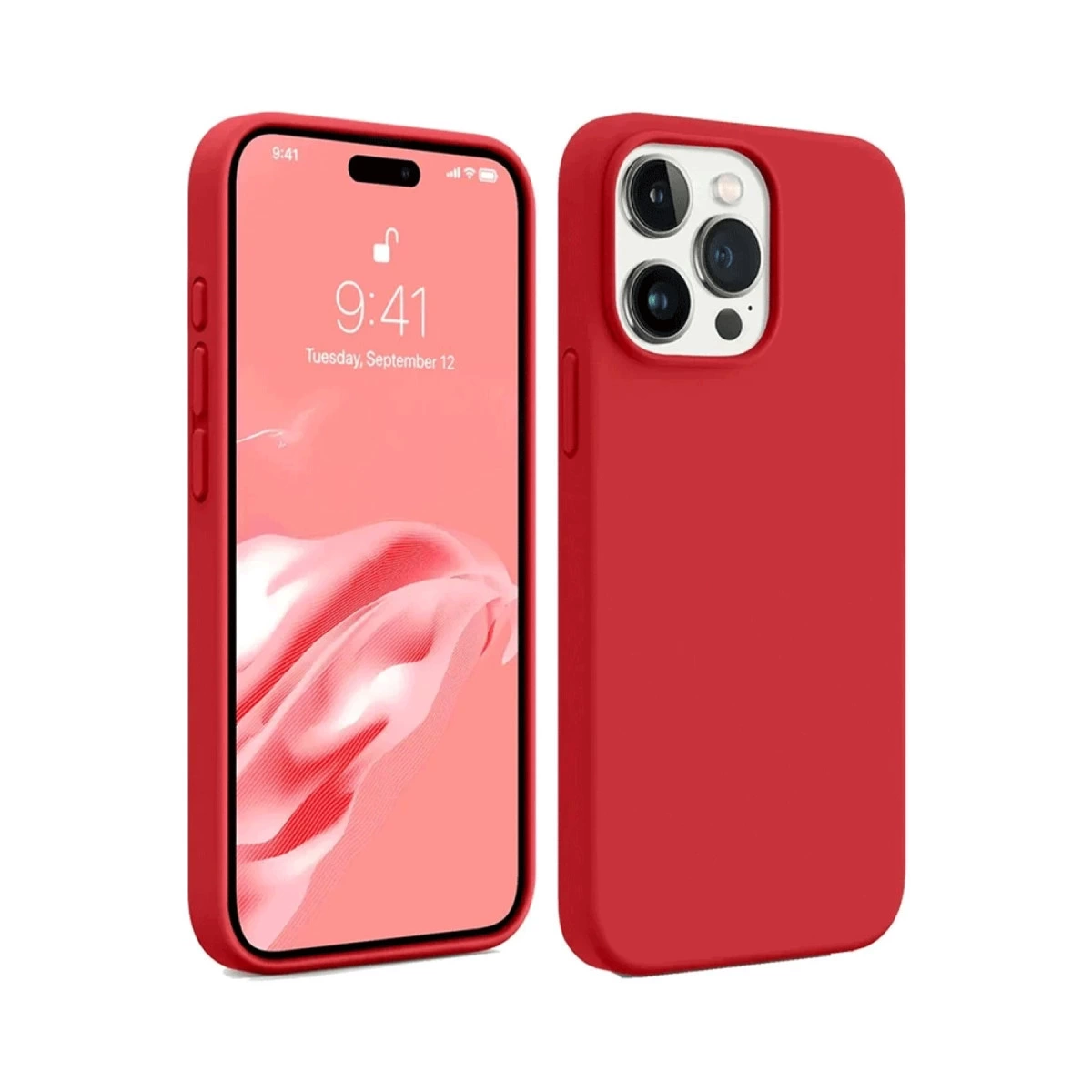 Kırmızı iPhone kılıfıyla, ön ve arka görünümler.