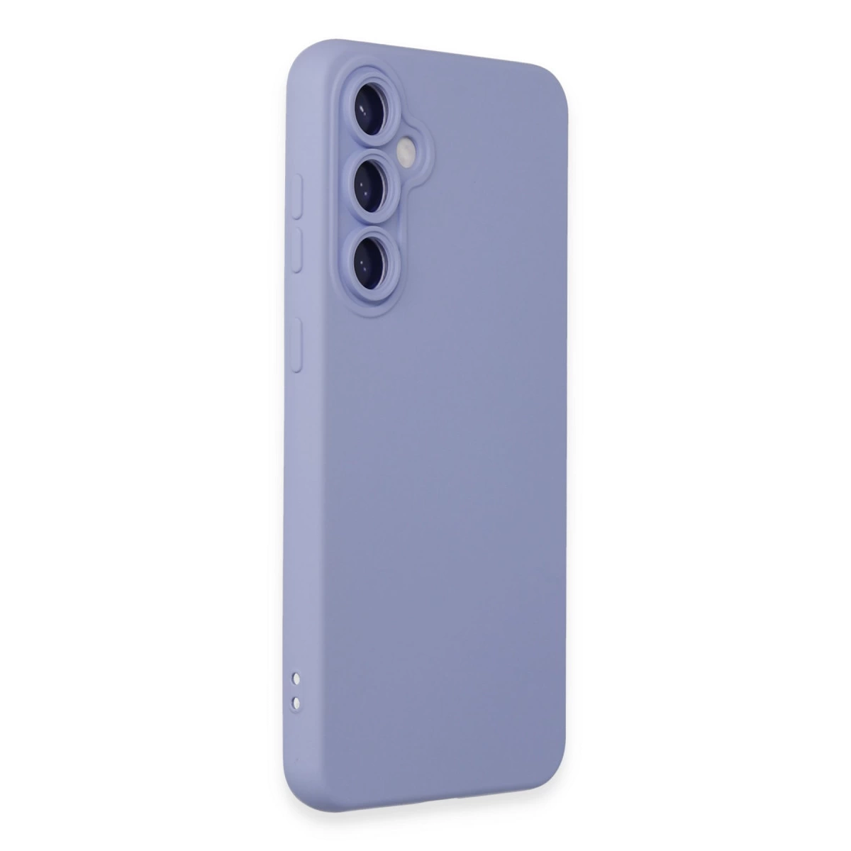 Üçlü kamera kesimli mor telefon kılıfı beyaz arka plan üzerinde.
