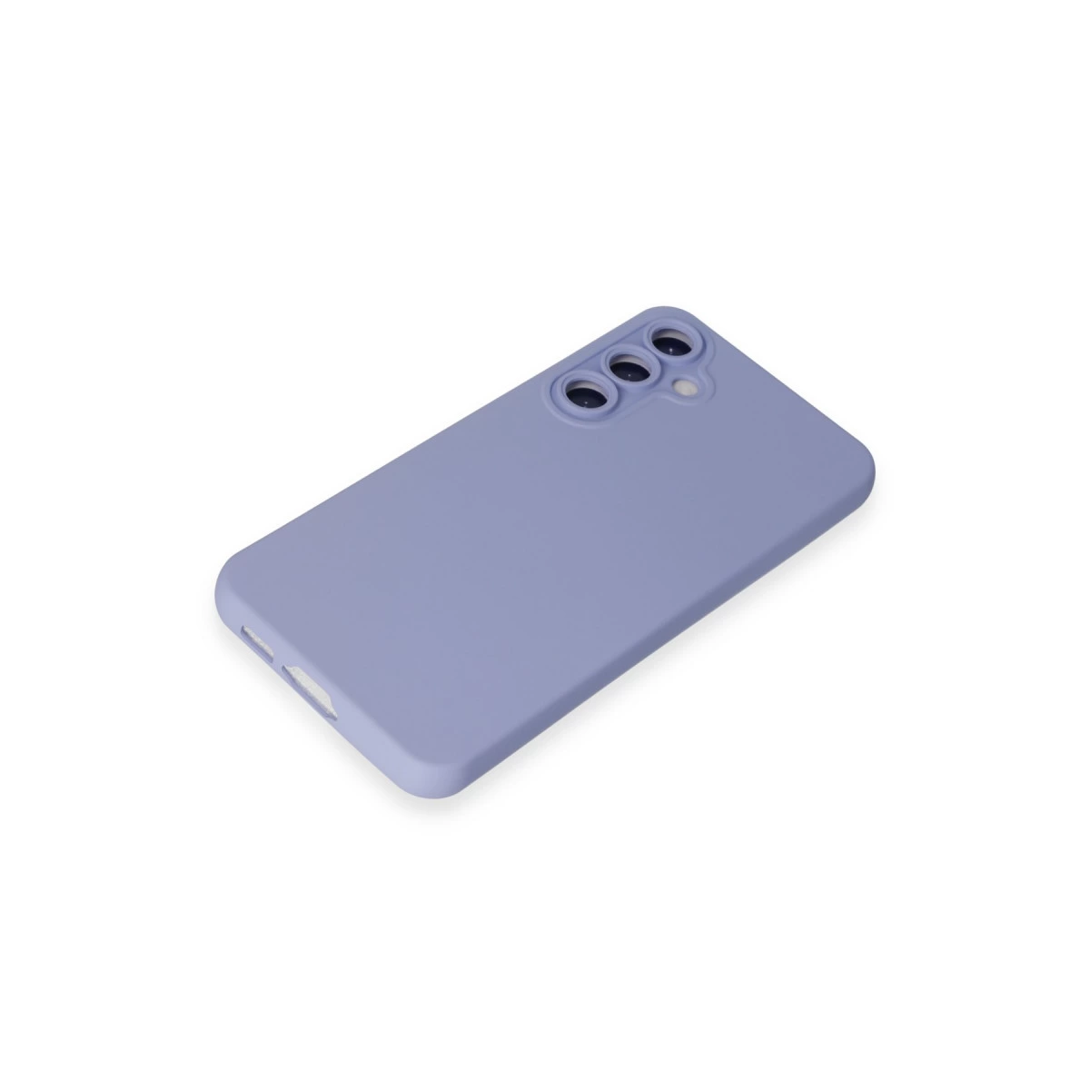 Beyaz arka plan üzerinde üç kamera deliği olan mor telefon kılıfı.