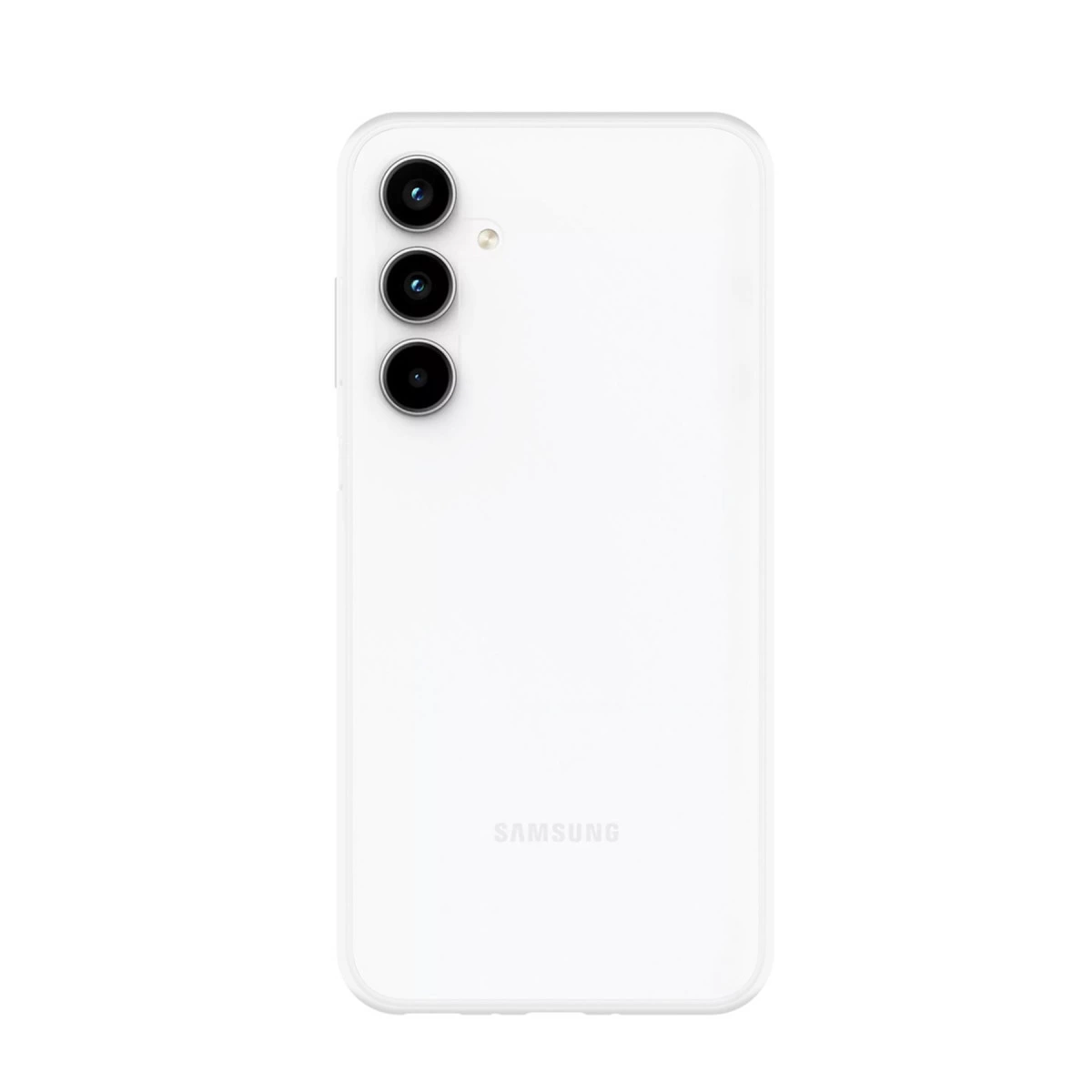 Üç kamera lensi ve Samsung logosu bulunan beyaz bir Samsung akıllı telefonun arkası.