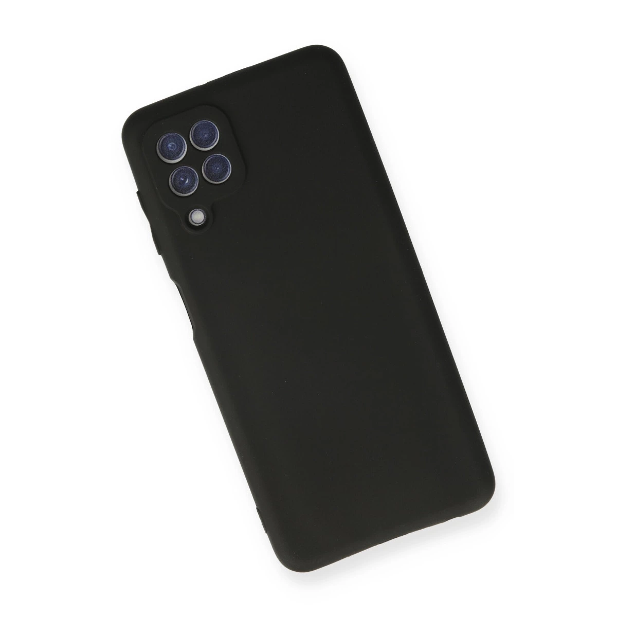 Arkada dört kamera lensi ve flaşı olan siyah telefon kılıfı.