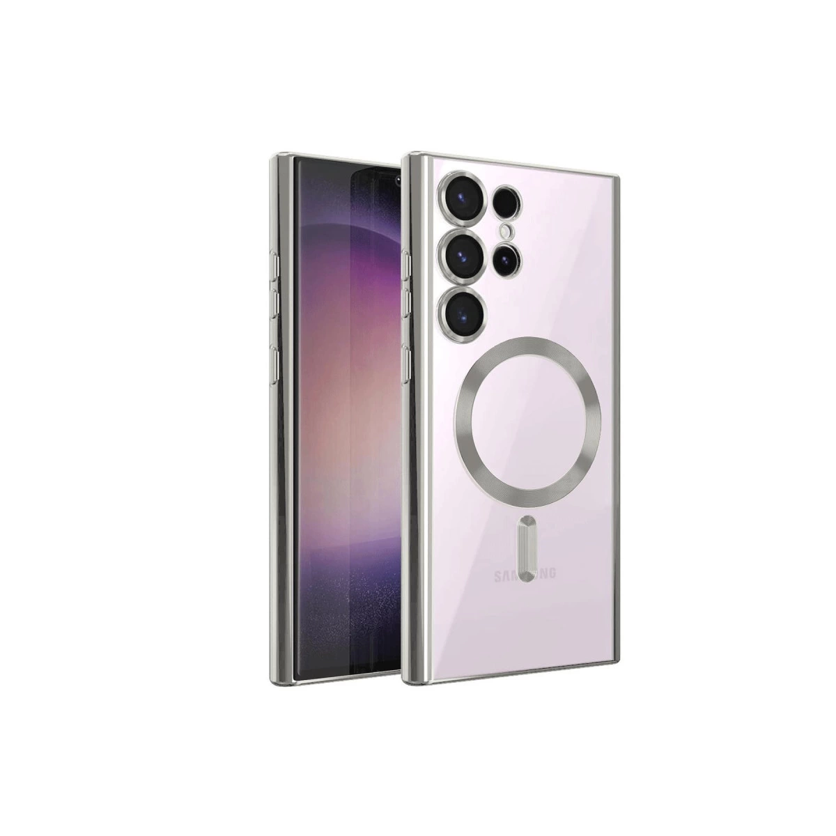 Gümüş halkalı ve lens dizilimli açık pembe telefon kılıfı.