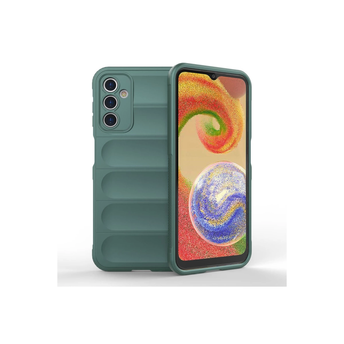 Yatay çıkıntılı yeşil telefon kılıfı, renkli soyut sanat içeren telefon ekranını gösteriyor.