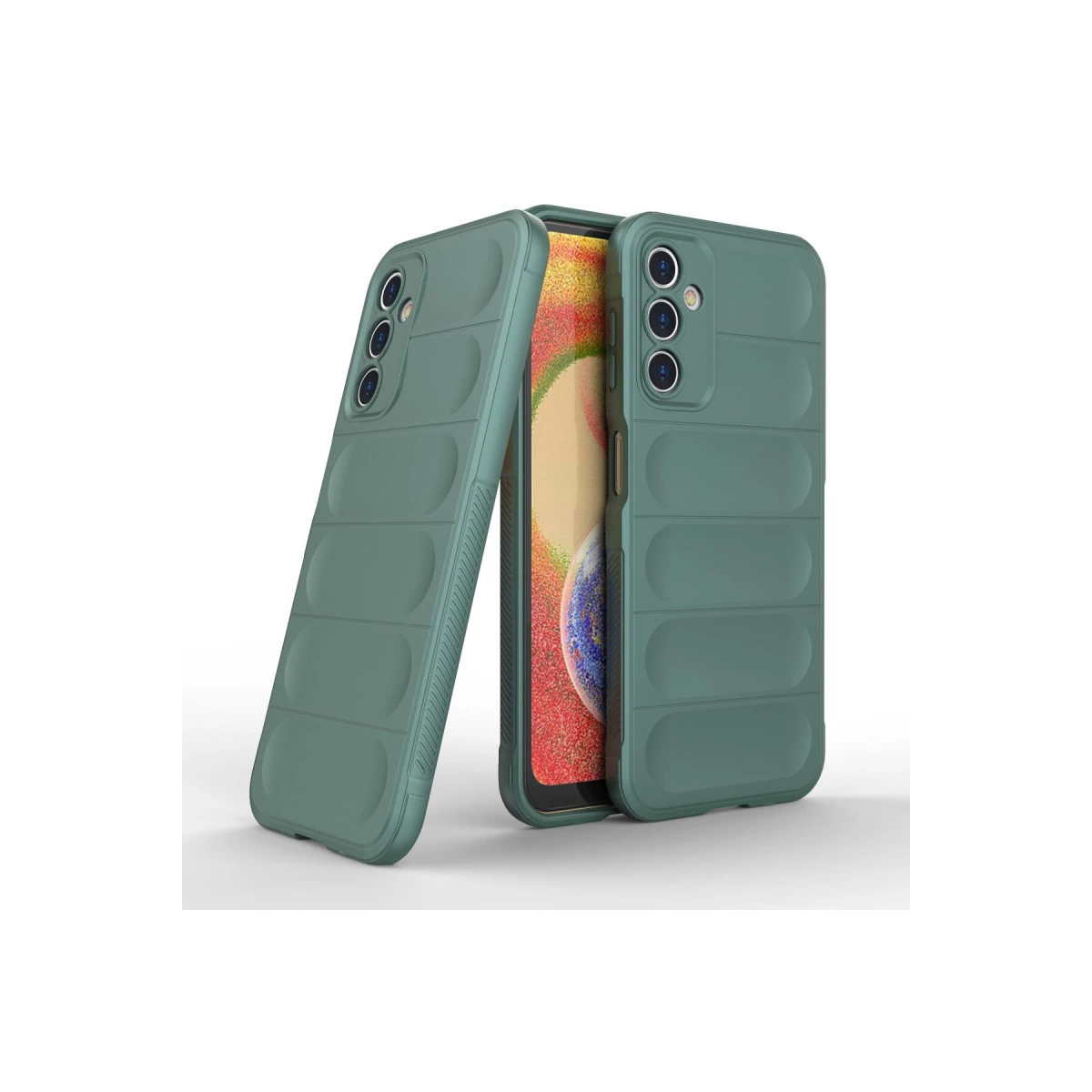 Yatay çıkıntılı iki yeşil telefon kılıfı, biri telefonda.