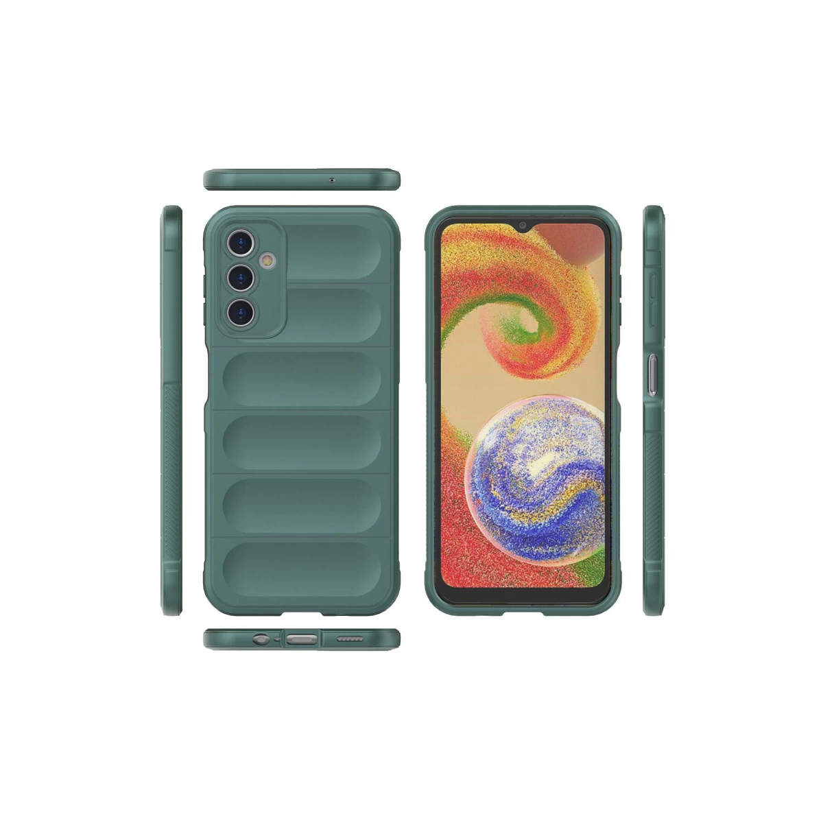 Kamera modülüne sahip yeşil telefon kılıfı, çeşitli açılardan gösteriliyor.