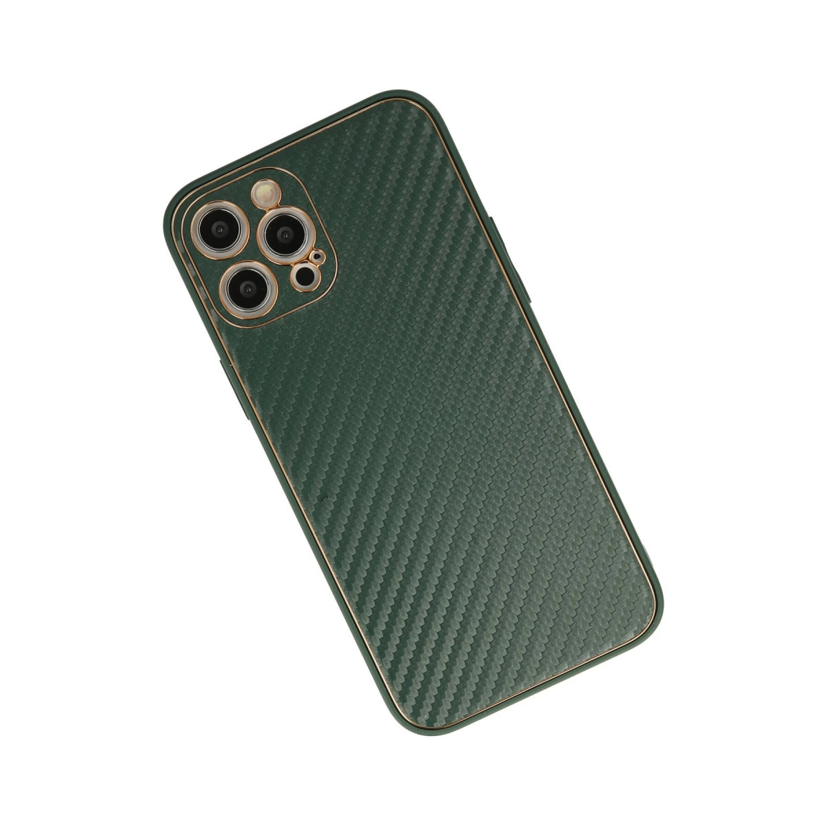 Karbon desenli, altın kenarlı koyu yeşil telefon kılıfı.