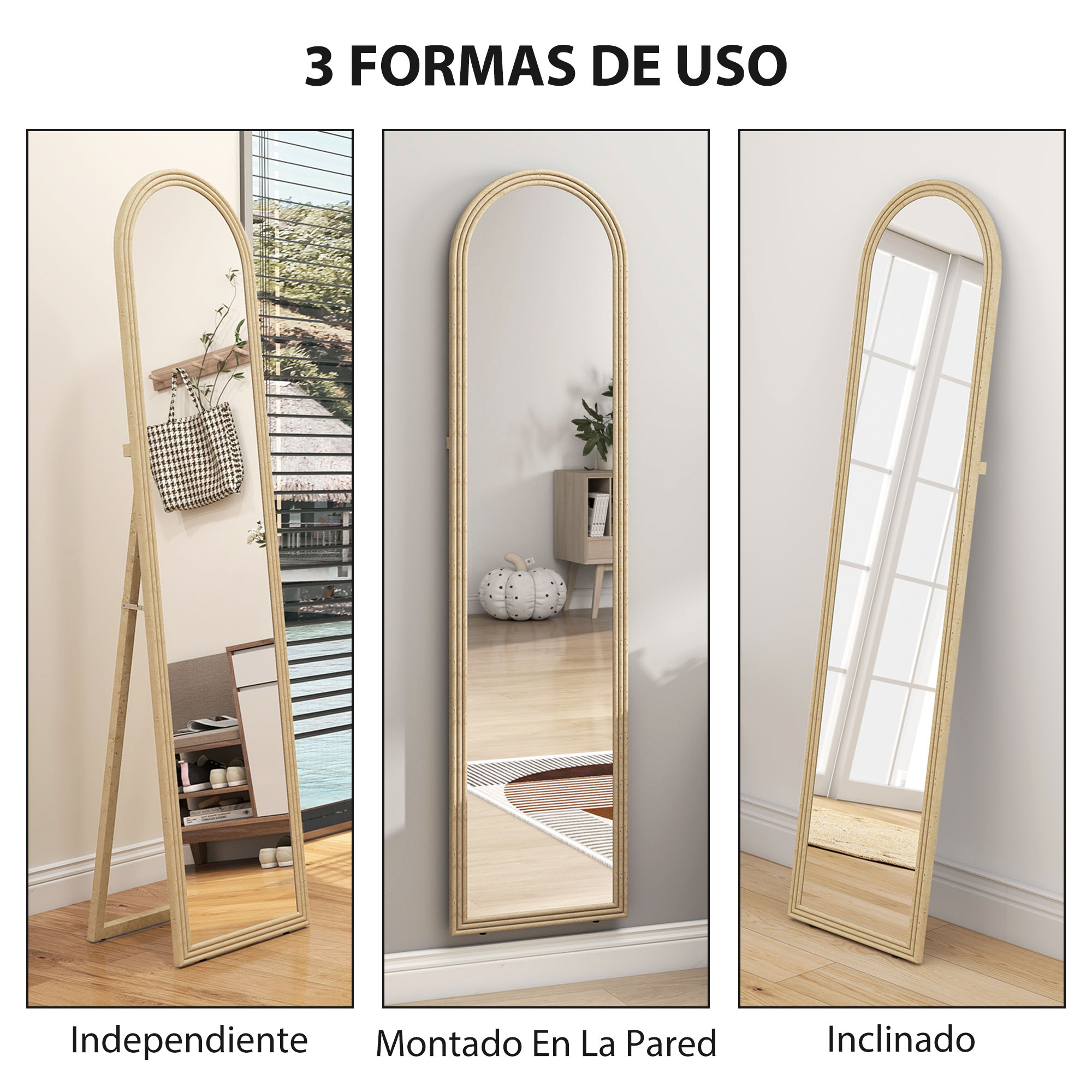 Un espejo mostrado de tres maneras: independiente, en pared, inclinado.
