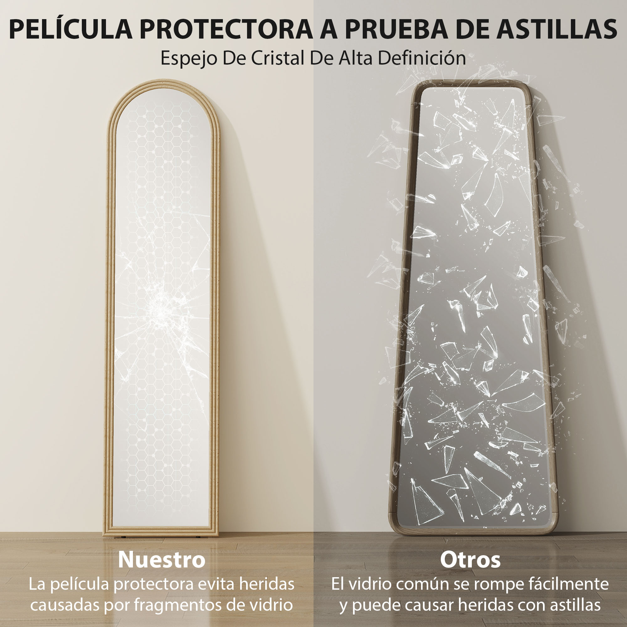 Dos espejos: uno con película protectora (izquierda) y otro roto (derecha).