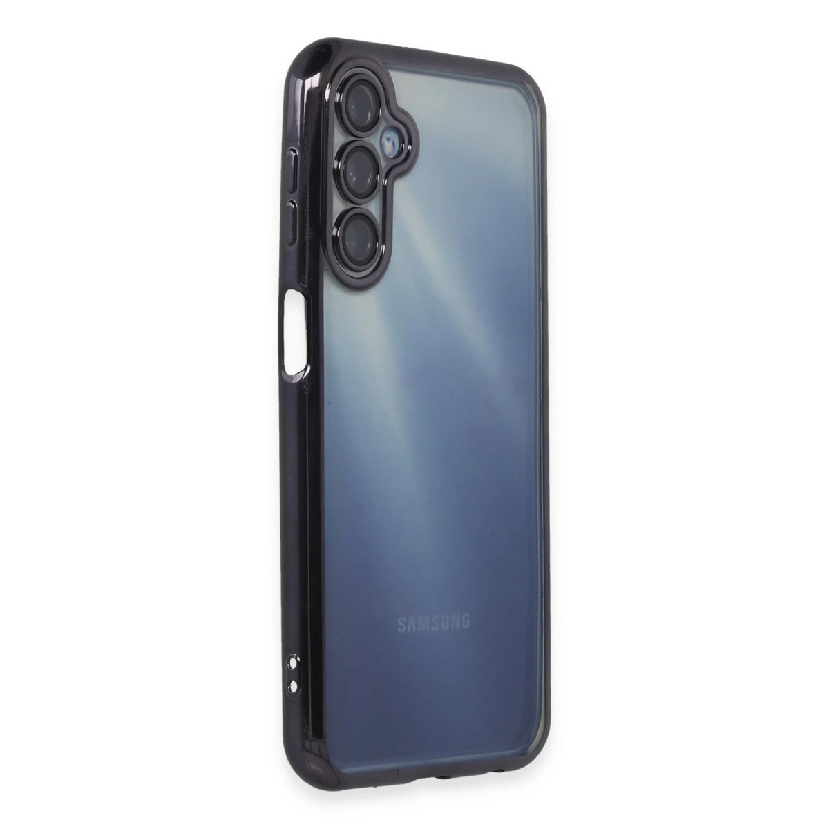 Arka kameralı koyu gri Samsung telefon ve şeffaf kılıf. Samsung logosu görünür.