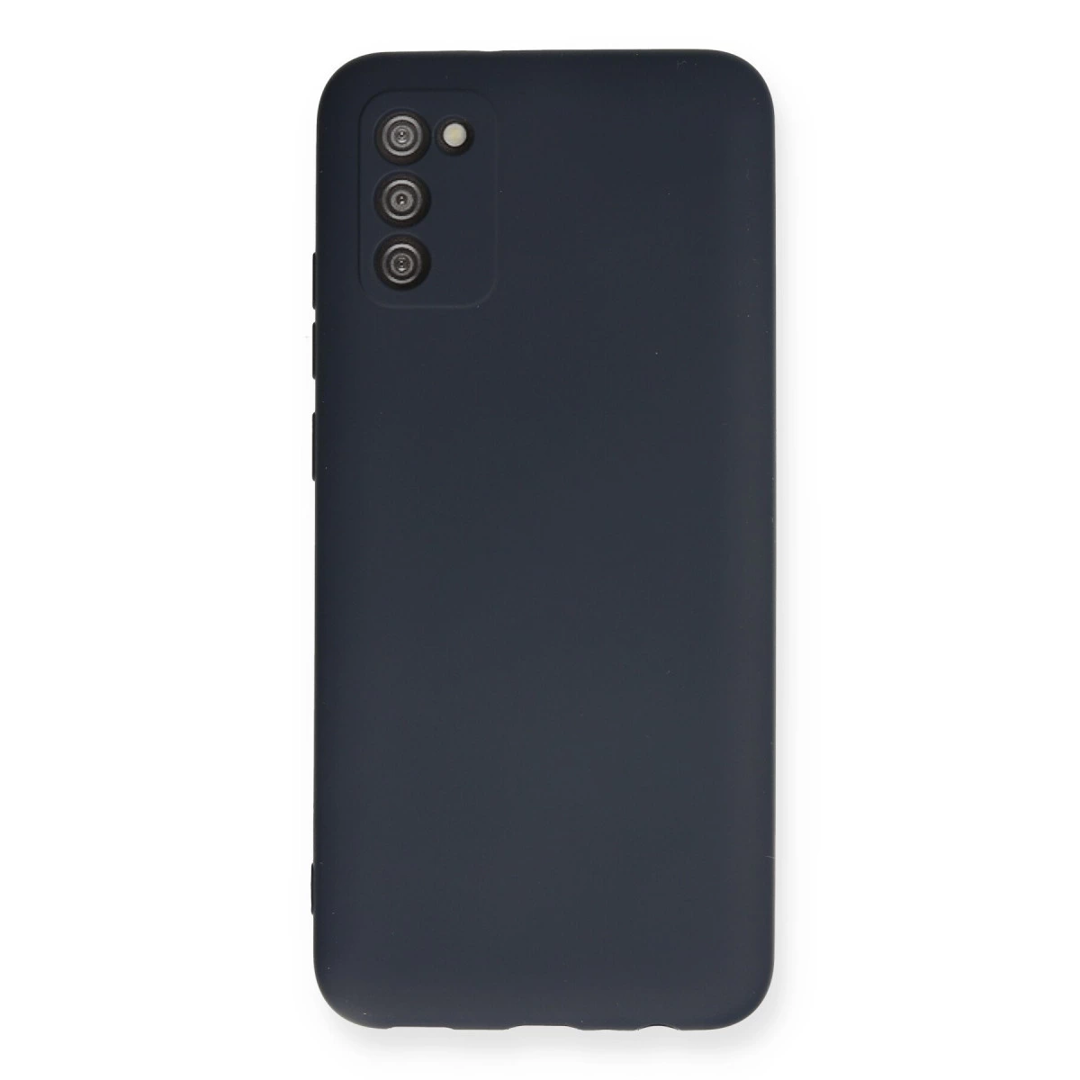 Arkada üçlü kamera kesiği olan koyu gri akıllı telefon kılıfı.