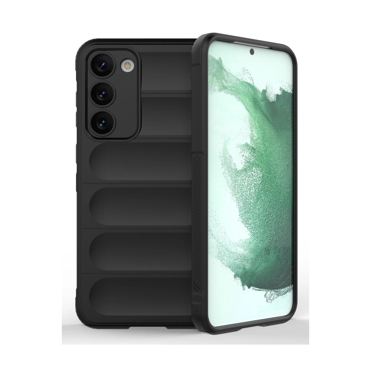 Kameralı ve nervürlü arkalı siyah telefon kılıfı, yeşil arka planlı telefonun yanında.