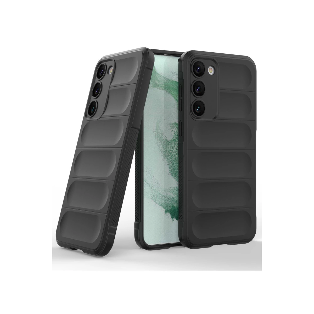 Beyaz arka plan üzerinde oluklu desenli iki siyah telefon kılıfı.