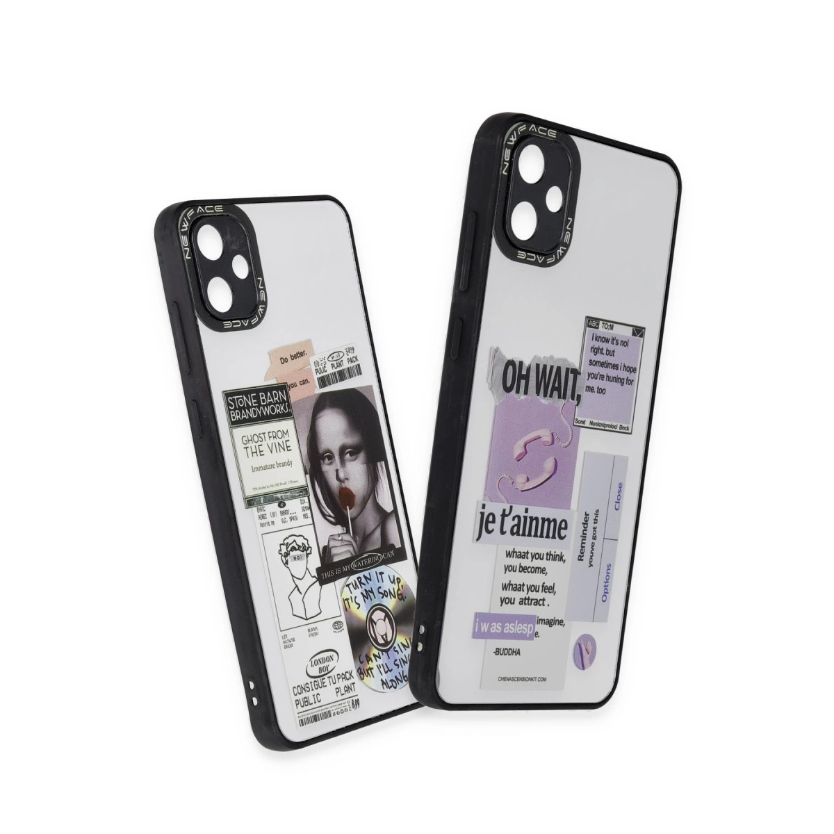 Mona Lisa ve metinli kolaj tasarımlı iki iPhone kılıfı.
