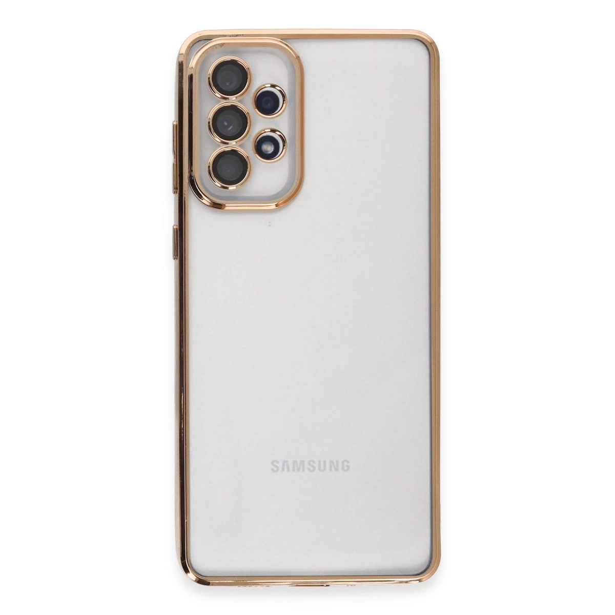 Dört kameralı ve altın çerçeveli beyaz Samsung telefonun arkası.