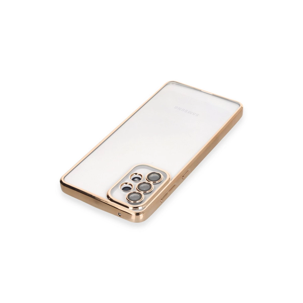 Altın kenarlı ve kamera kesimli şeffaf telefon kılıfı.