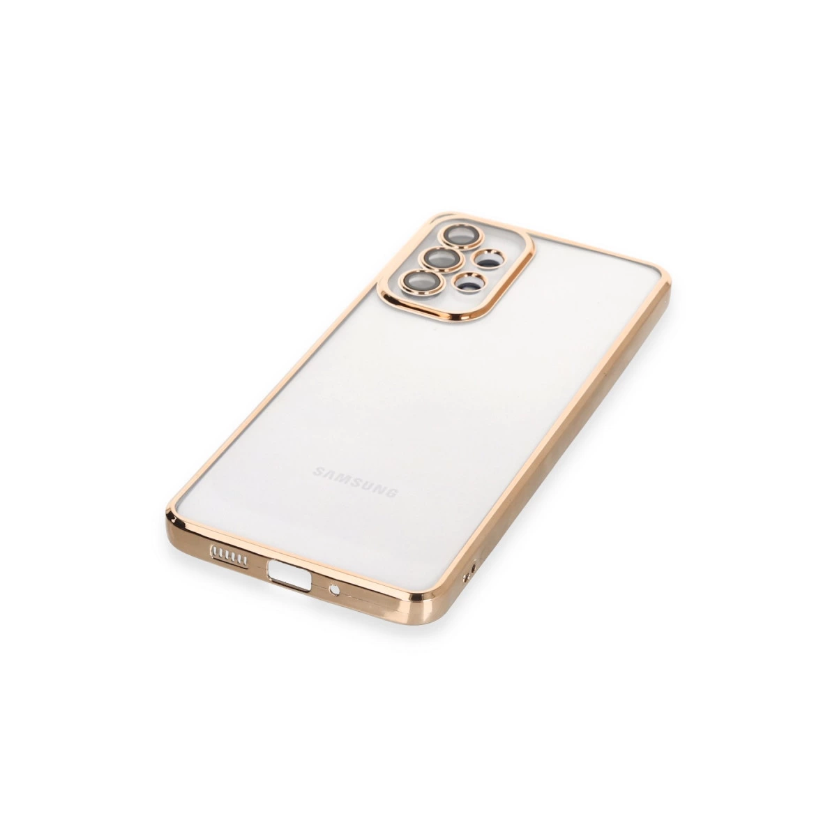 Altın kenarlı ve kamera çerçeveli şeffaf telefon kılıfı.