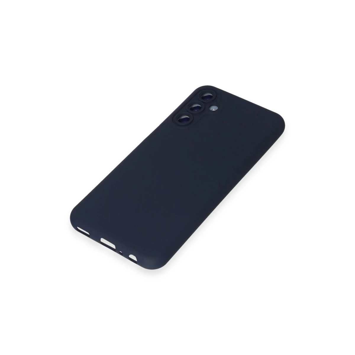 Beyaz arka plan üzerinde üç kamera lensi girintili lacivert telefon kılıfı.