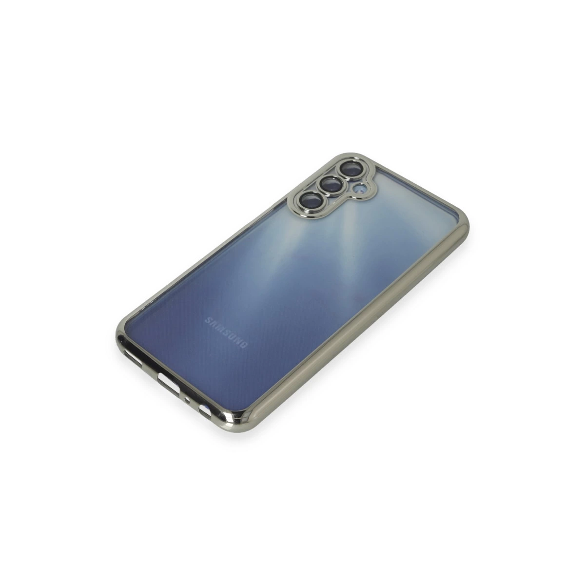 Mavi arka plan üzerinde gümüş kenarlı şeffaf telefon kılıfı.