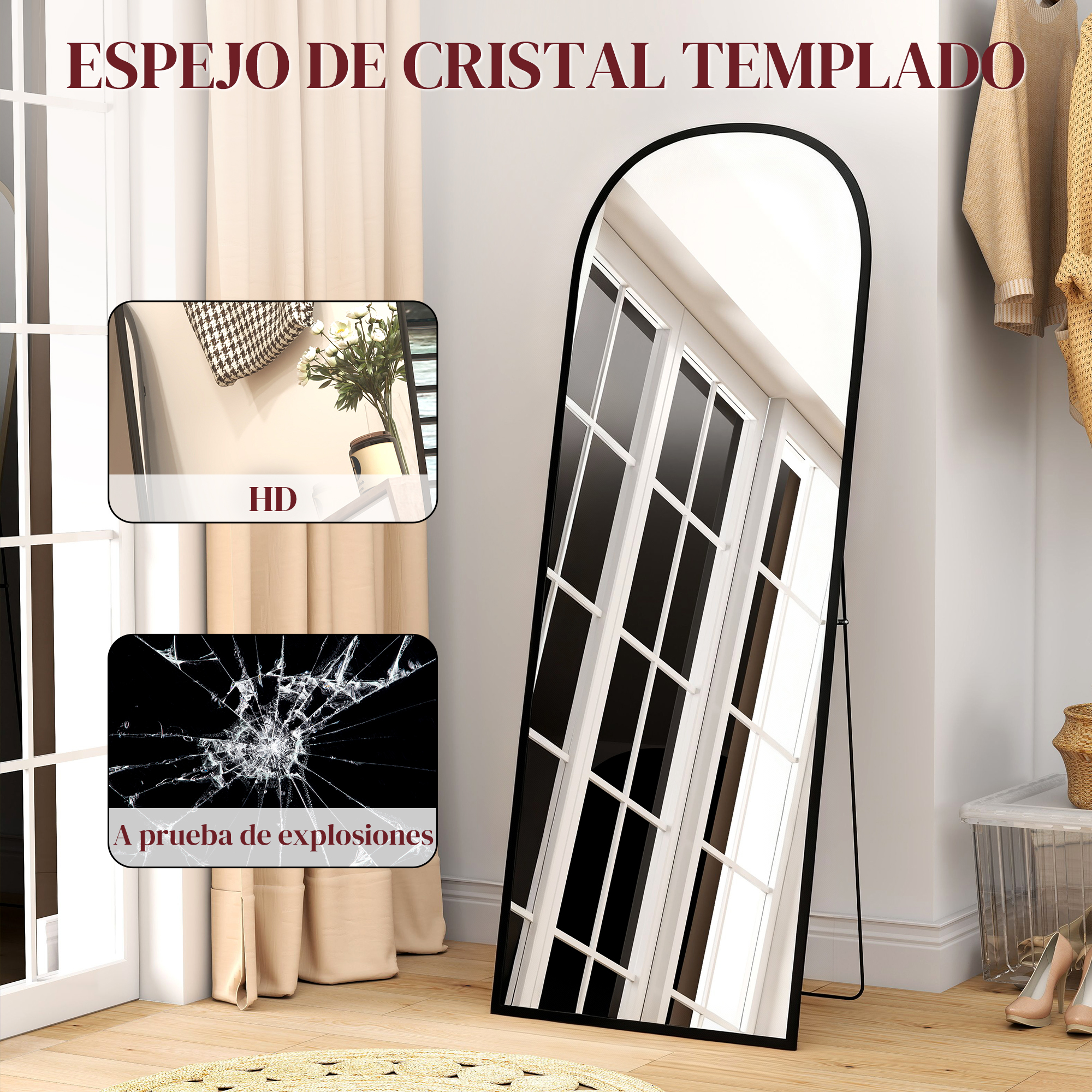 Un espejo alto y ovalado está de pie frente a una ventana con cristales blancos. Dos cajas de información a la izquierda.