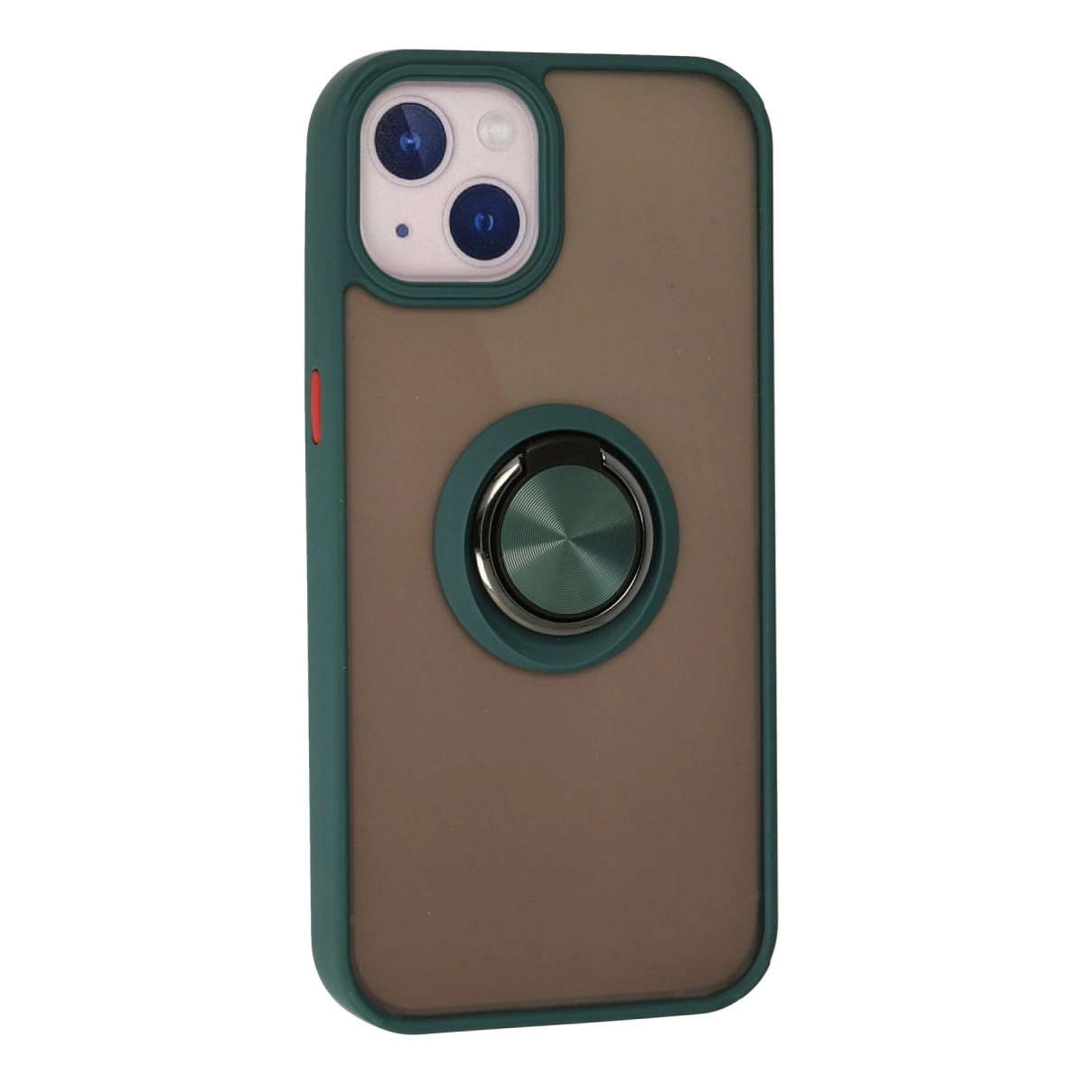 Koyu yeşil telefon kılıfı, kahverengi arka yüzü ve halka tutucusu.