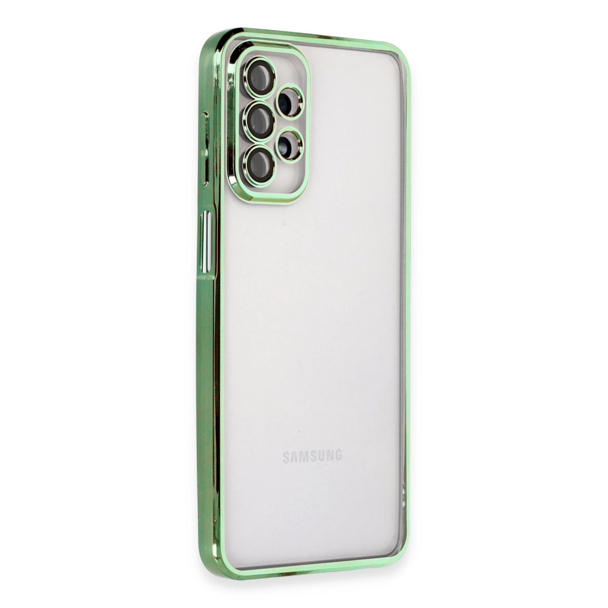 Yeşil çerçeveli ve kamera modüllü şeffaf telefon kılıfı.