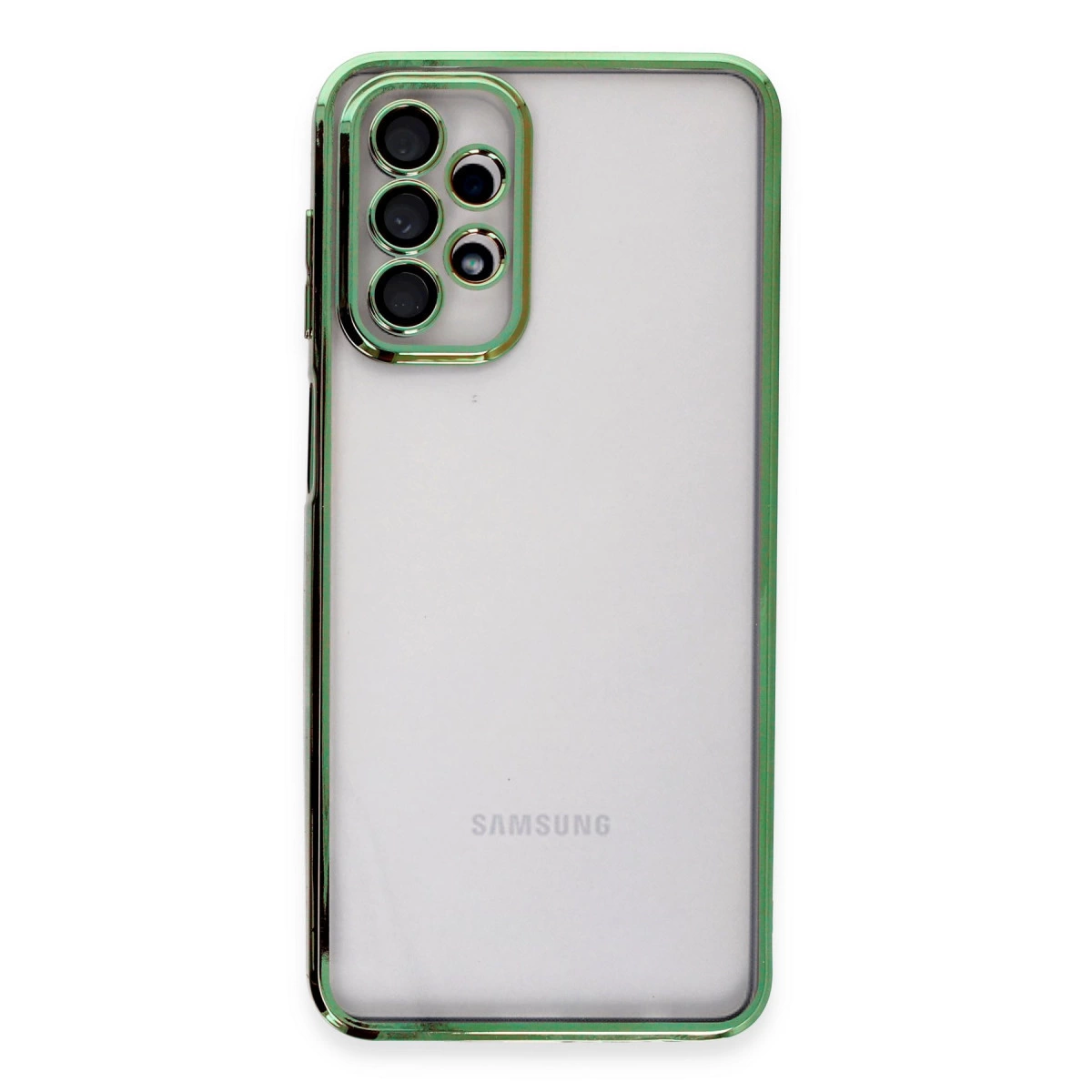 Yeşil metal kenarlı şeffaf telefon kılıfı ve kamera kesiği.