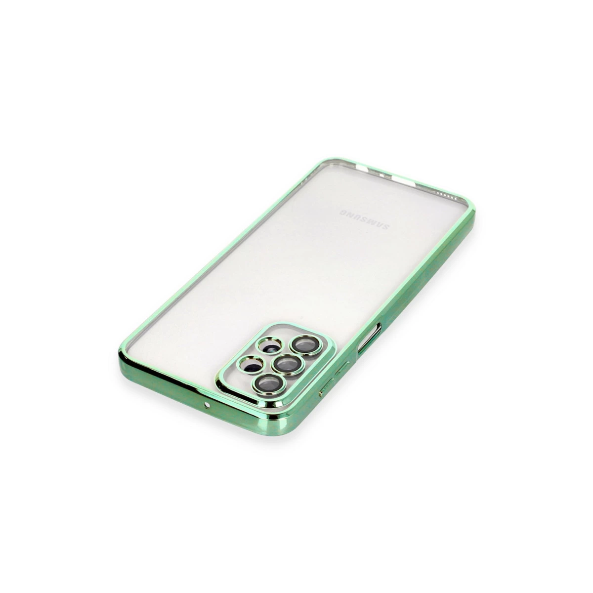 Şeffaf arkalı ve kamera kesimli yeşil telefon kılıfı.