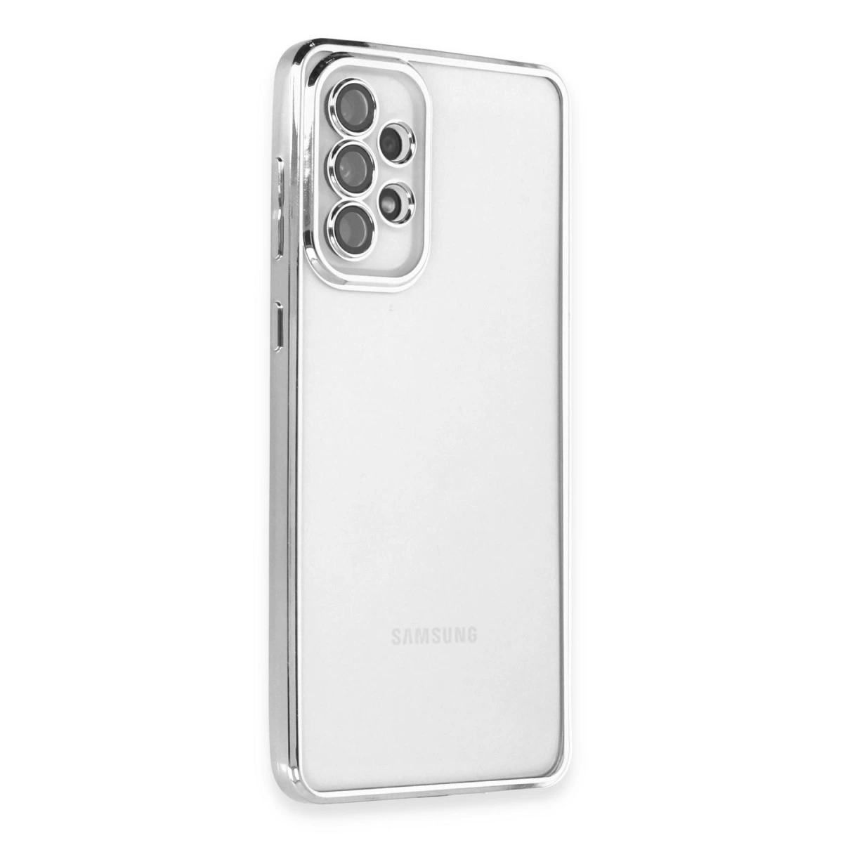 Gümüş kenarlı ve kamera kesimli şeffaf telefon kılıfı.