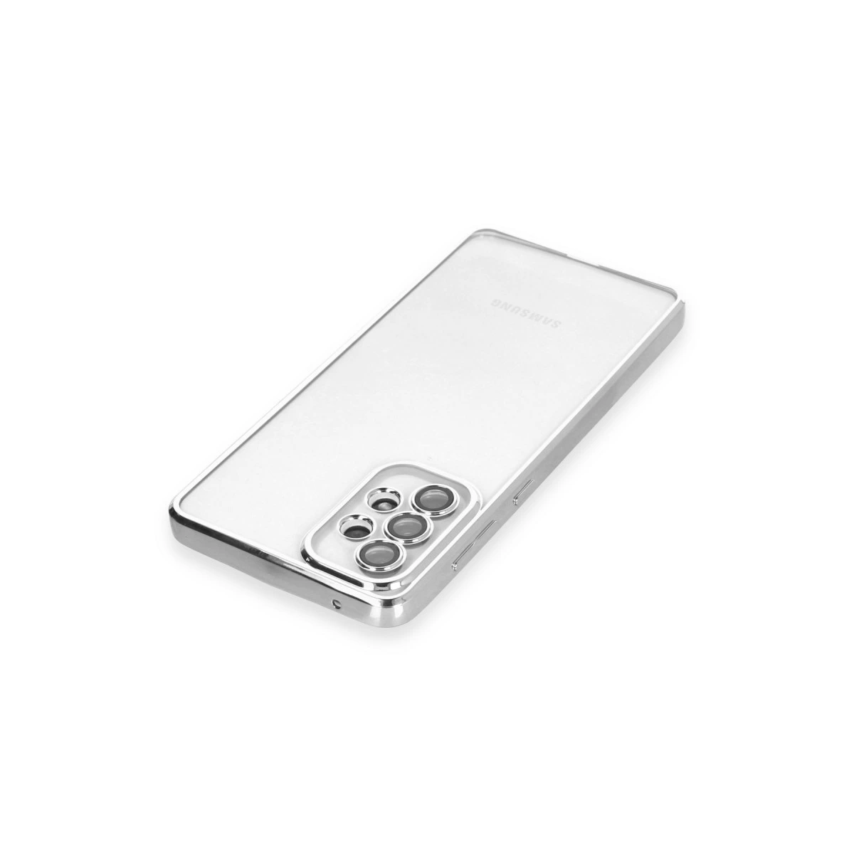 Beyaz arka plan üzerinde gümüş çerçeveli şeffaf telefon.