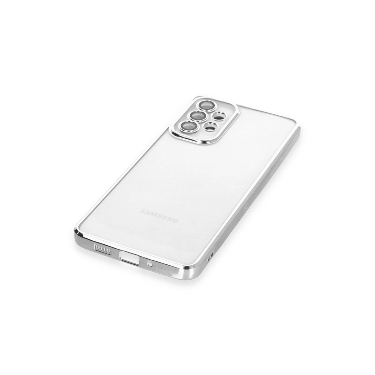 Gümüş kenarlı, arkasında kameraları olan şeffaf telefon.