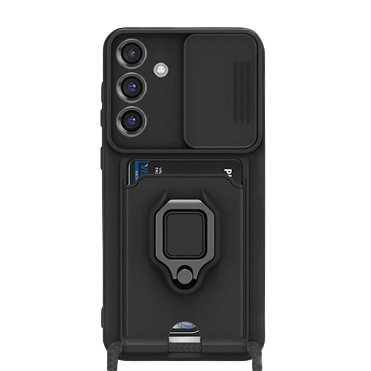 Kart tutuculu, halkalı ve kayar kapaklı siyah telefon kılıfı.