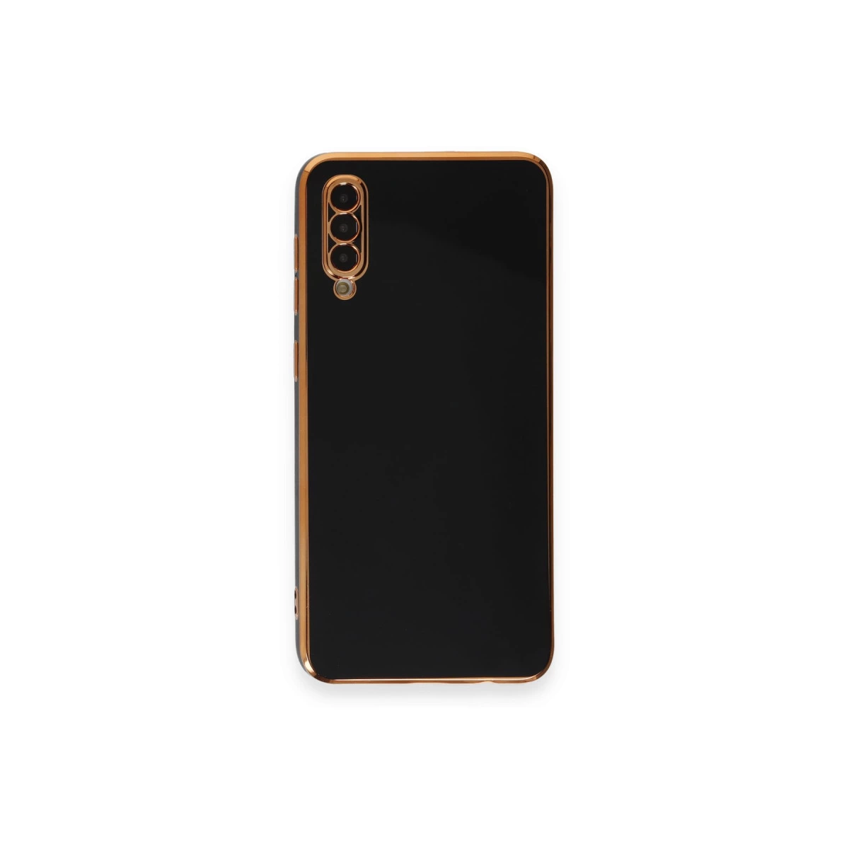 Üstte üç kamera lensli, altın çerçeveli siyah telefon kılıfı.