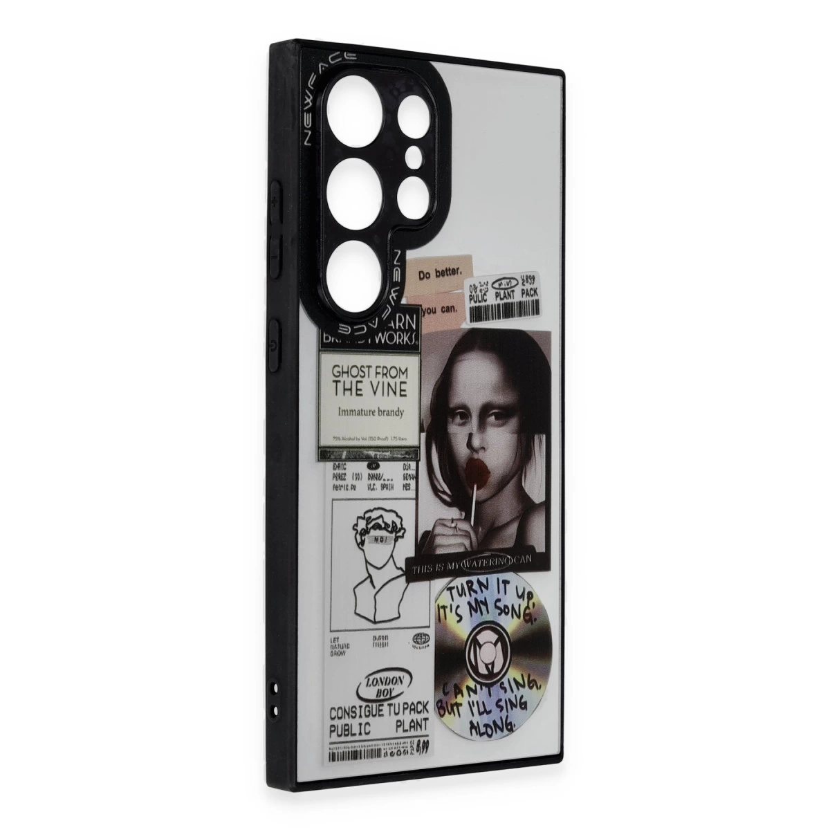 Çıkartmalı telefon kılıfı: Mona Lisa, CD, metin alıntıları ve desenler.