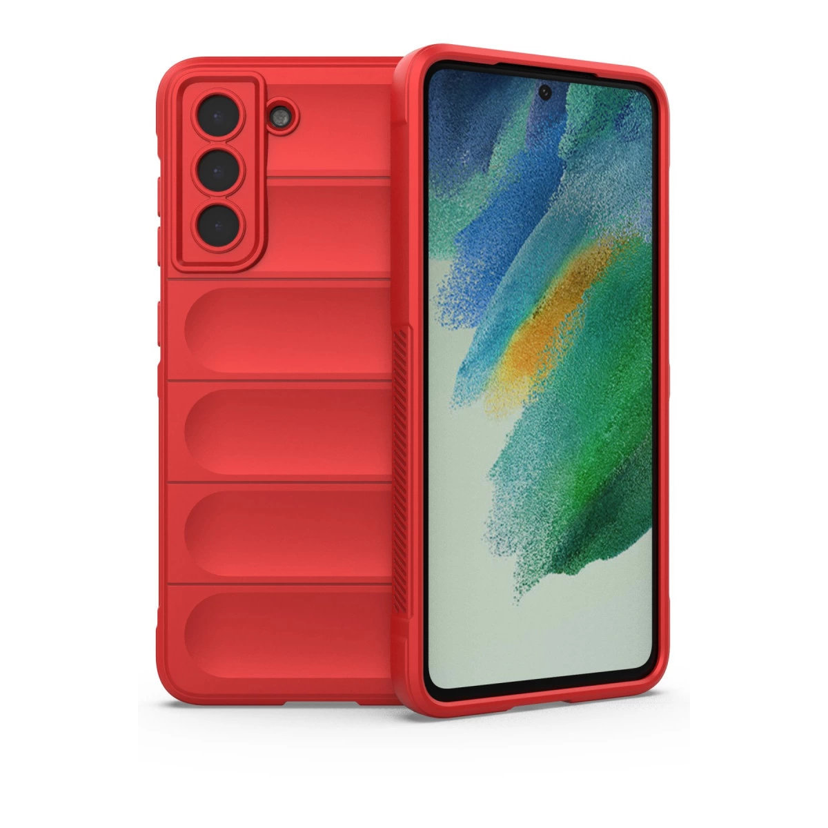 Yatay çıkıntılı ve üç kamera lensli kırmızı telefon kılıfı.