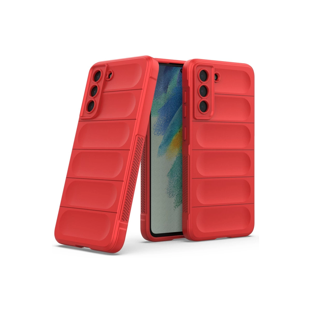 Kanallı desenli ve kamera kesimli iki adet kırmızı telefon kılıfı.