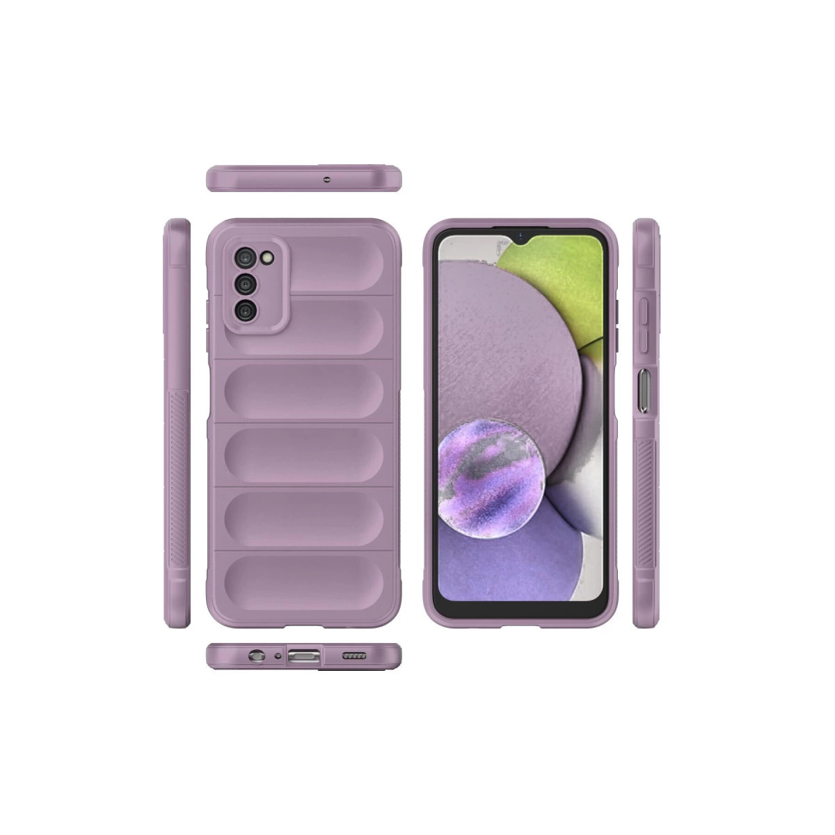 Kamera kesimli mor telefon kılıfı çeşitli açılardan gösteriliyor.