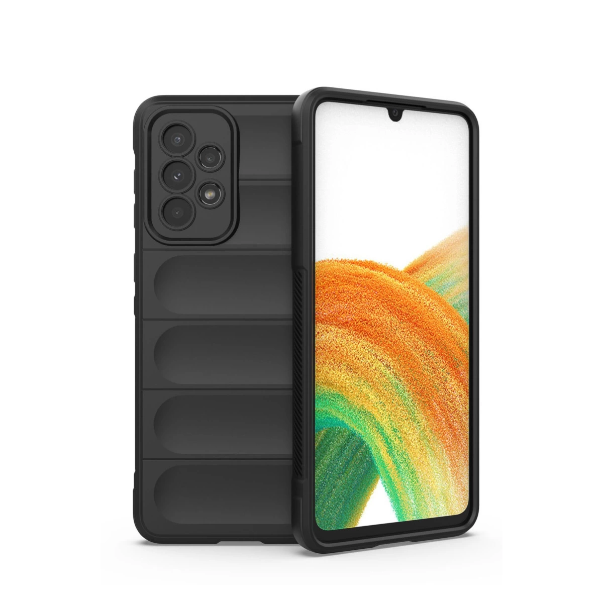 Renkli grafik gösteren akıllı telefonun yanında siyah oluklu telefon kılıfı.