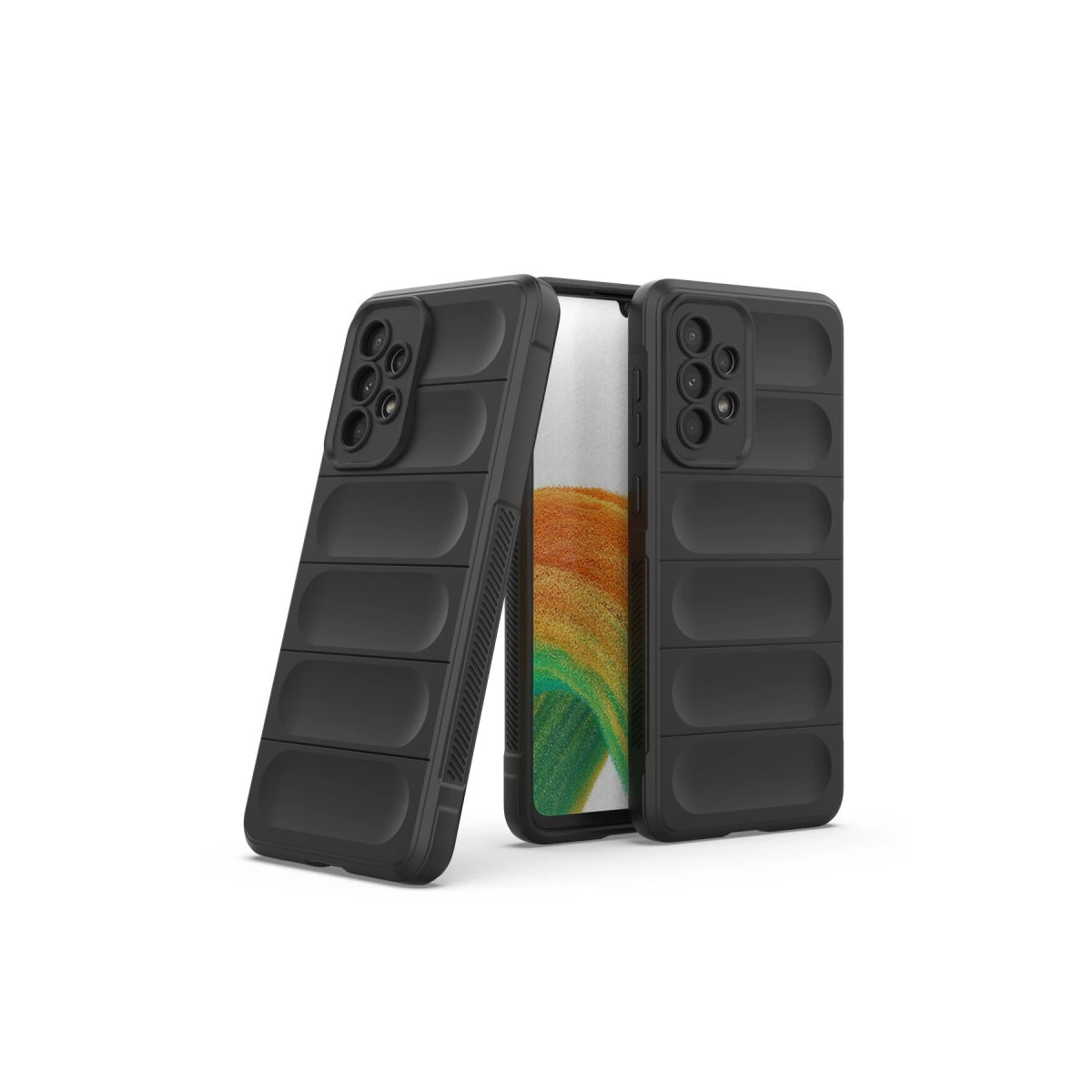 Arkada biri diğerinin arkasında, oluklu desenli iki siyah telefon kılıfı.