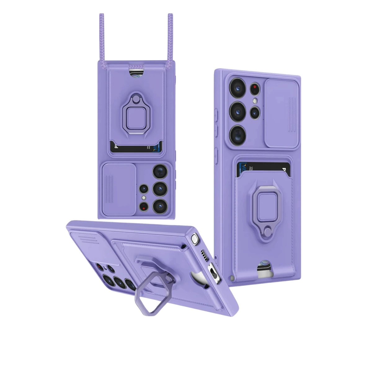 Kart yuvalı, halka tutuculu ve kamera kapaklı mor telefon kılıfı.
