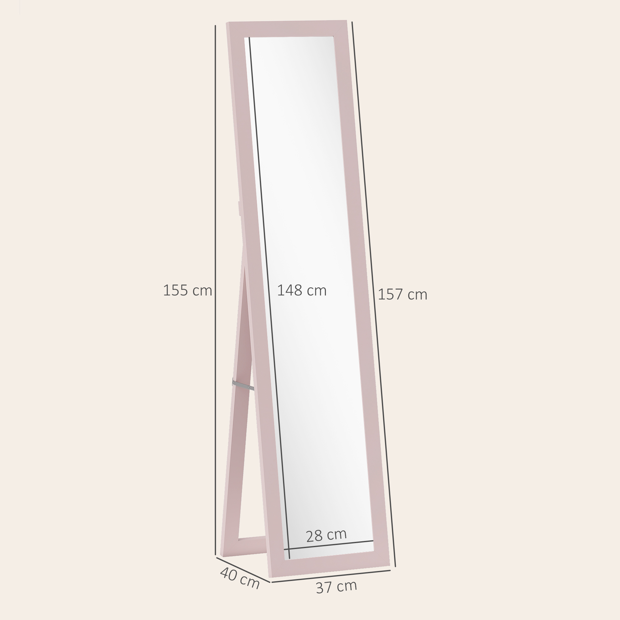 Un espejo de pie rosa con dimensiones: 155 cm alto, 148 cm espejo, 28 cm ancho.