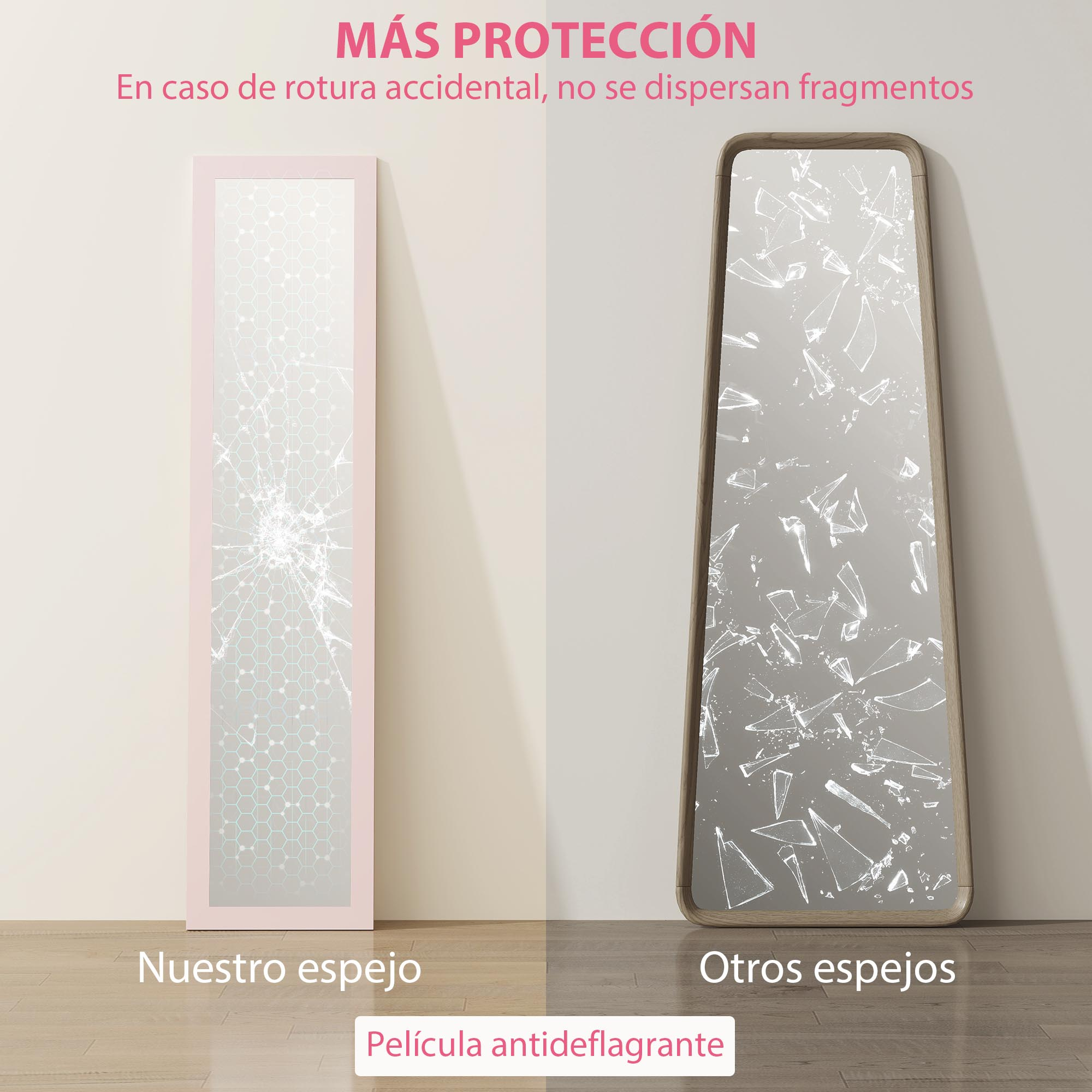 Dos espejos uno al lado del otro: un espejo roto con película de seguridad, otro roto.