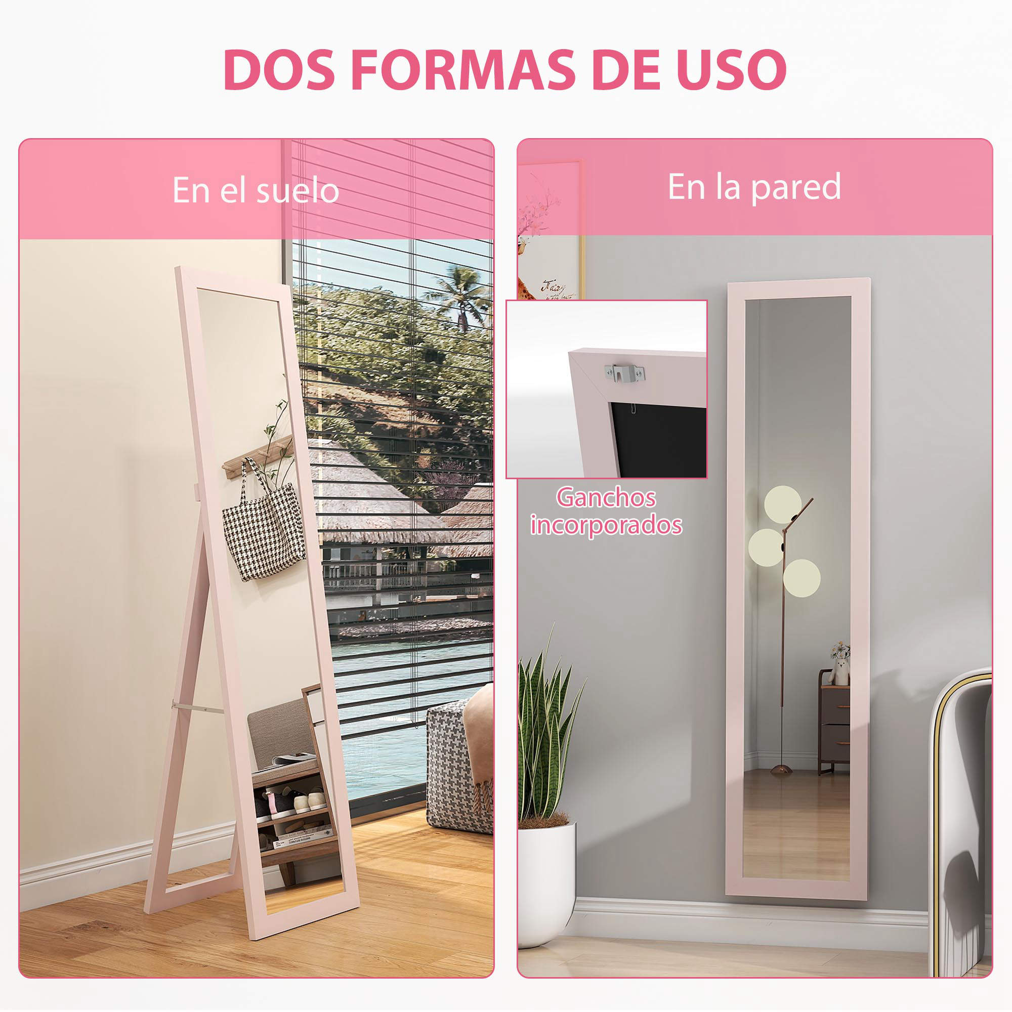 Un espejo rosa se apoya en el suelo o en la pared.
